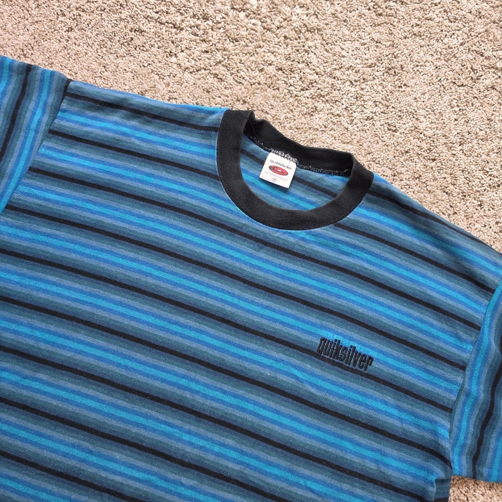 VINTAGE Quiksilver Striped T-Shirt Mens Medium Blue Black Surf Skate USA 90s